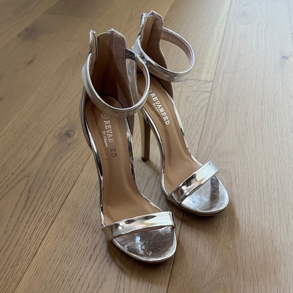 Revamped Shiny Silver Open-Toe Ankle-Strap Stilettos